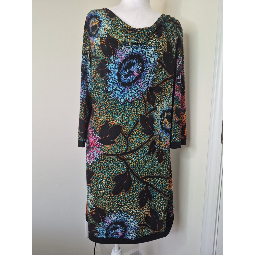 Monaco Nights Women's Size XL Casual Colorful Floral 3/4 Sleeve Dress Cowl